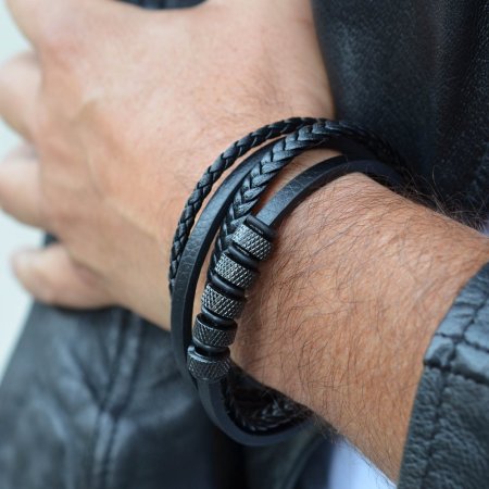 Náramek pánský s koženkovými pásky 43036.3 černý