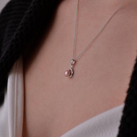 Zlatý 14 karátový náhrdelník biele zlato s ružovou riečnou perlou a briliantom 82PB00047 pink