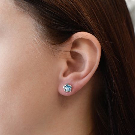 Strieborné náušnice pecka s kryštálmi Swarovski modrá kytička 31255.3 Aqua