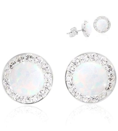 Stříbrné náušnice pecky s bílým opálem a krystaly Swarovski Elements White Opal
