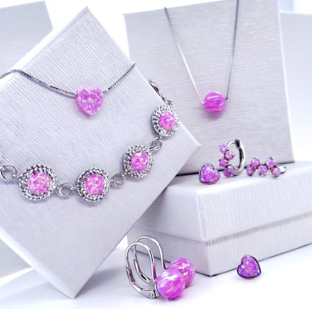 Stříbrné visací náušnice se syntetickým opálem růžové kulaté 11242.3 Pink s. Opal