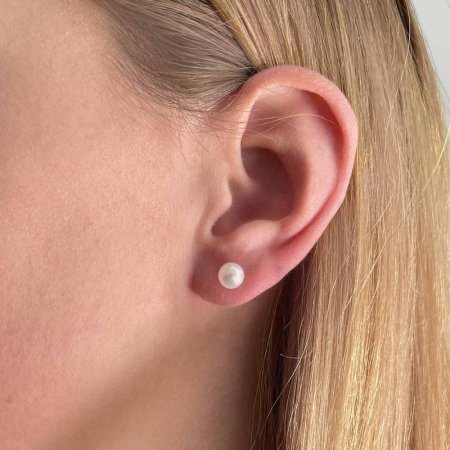 Zlaté 14 karátové náušnice pecky bílé zlato s bílou říční perlou 821004.1 Bílá