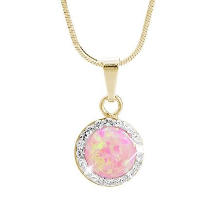 Pozlátený strieborný náhrdelník s okrúhlym opálom a kryštálmi Swarovski Elements White Rose