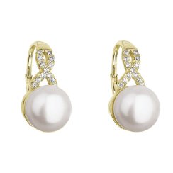 Pozlátené náušnice visiace s bielou riečnou perlou a zirkónmi 21048.1 Au plating