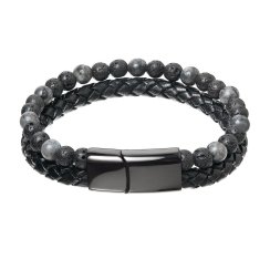 Pánský náramek s pravými lávovými kameny a koženkovým zaplétaným páskem 43022.3 černý