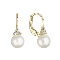 Zlaté 14 karátové náušnice žluté zlato s bílou říční perlou a zirkony 91PZ00024