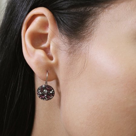 Stříbrné náušnice visací s krystaly Swarovski fialové kulaté 31176.3 Dark Amethyst