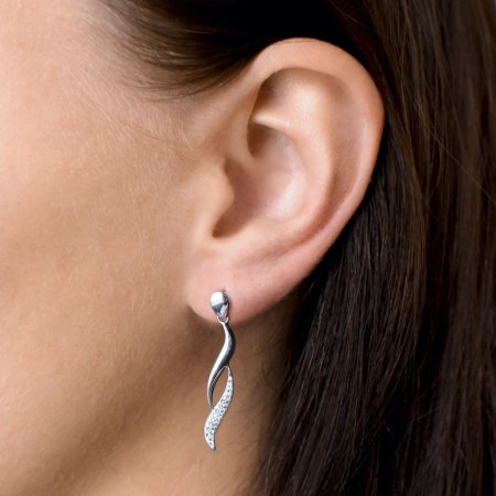 Strieborné náušnice visiace s kryštálmi Swarovski biele vlnky 31162.1 Krystal