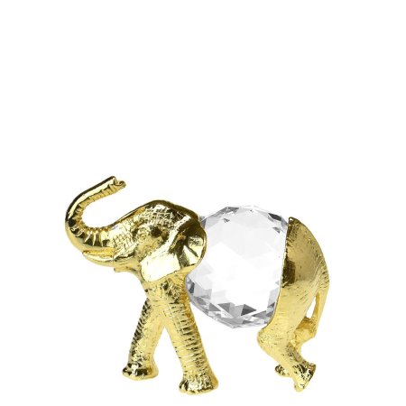 Kovová pozlátená figúrka slon s bielym brúseným skleneným krištáľom