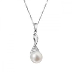 Zlatý 14 karátový náhrdelník biele zlato s bielou riečnou perlou a briliantmi 82PB00050