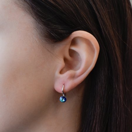 Strieborné náušnice visiace s kryštálmi Swarovski modré okrúhle 31230.5 Bermuda Blue