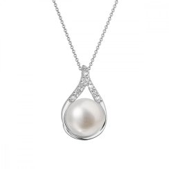 Zlatý 14 karátový náhrdelník slza biele zlato s bielou riečnou perlou a briliantmi 82PB00032