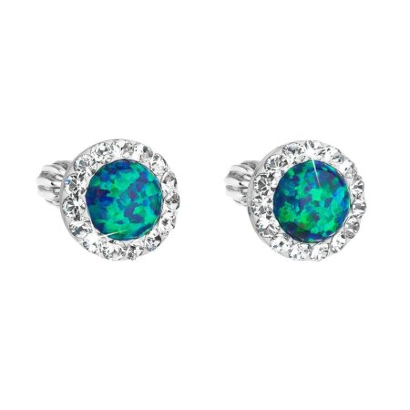 Strieborné náušnice kôstky so syntetickým opálom a krištáľmi Preciosa zelené okrúhle 31317.1 Green s. Opal
