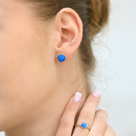 Stříbrné náušnice pecky se syntetickým opálem modré kulaté 11001.3 Blue s. Opal