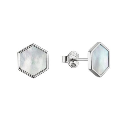 Strieborné náušnice hexagón s bielou perleťou 11689.1