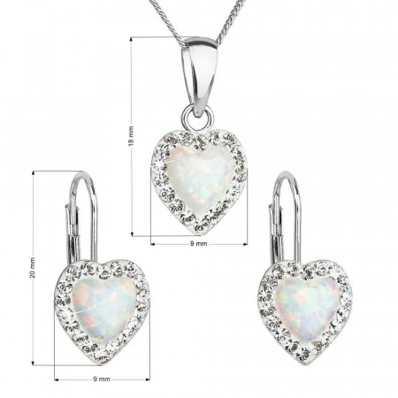 Sada šperků se syntetickým opálem a křišťály Preciosa náušnice a přívěšek bílé srdce 39161.1 White s. Opal