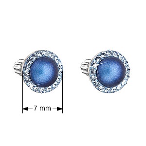Strieborné náušnice pecka s kryštálmi Swarovski a tmavo modrou matnou perlou okrúhle 31314.3 Dark Blue
