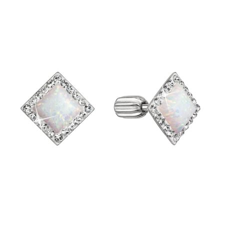 Stříbrné náušnice pecka se syntetickým opálem a křišťály Preciosa bílý kosočtverec 31318.1 White