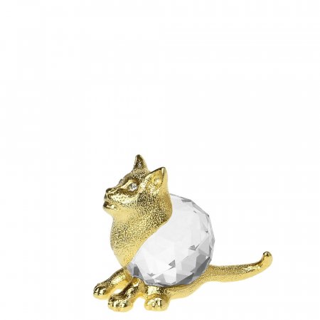 Kovová pozlacená figurka kočka s bílým broušeným skleněným křišťálem