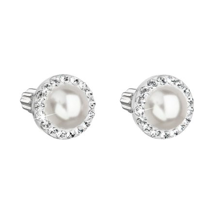 Stříbrné náušnice pecka s krystaly Swarovski a bílou perlou kulaté 31314.1 White