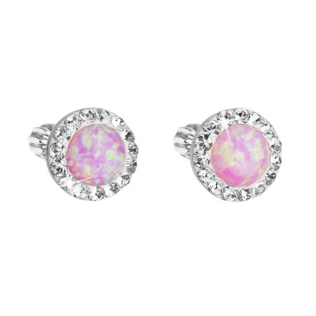 Stříbrné náušnice pecky se syntetickým opálem a křišťály Preciosa růžové kulaté 31317.1 Pink s. Opal