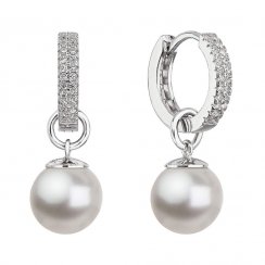 Stříbrné visací náušnice kroužky s bílou perlou z křišťálu Preciosa 31298.1 Bílá