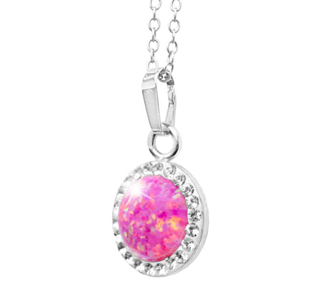 Strieborný náhrdelník s okrúhlym opálom a kryštálmi Swarovski Light Fuchsia veľký