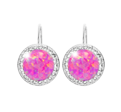Strieborné náušnice klapky s okrúhlym opálom a kryštálmi Swarovski Light Fuchsia veľké