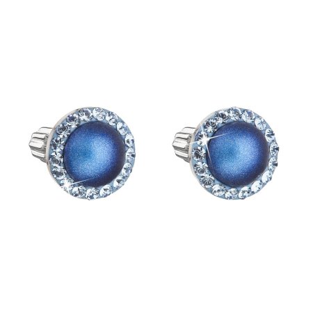 Strieborné náušnice pecka s kryštálmi Swarovski a tmavo modrou matnou perlou okrúhle 31314.3 Dark Blue