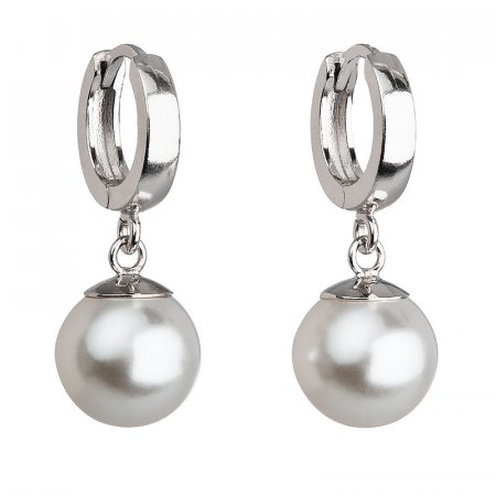 Stříbrné náušnice visací s perlou z křišťálu Preciosa bílé kulaté 31151.1 Bílá