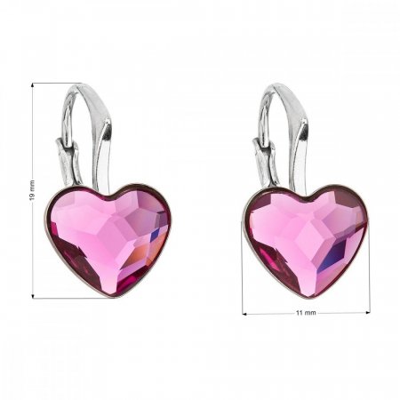 Stříbrné náušnice visací s krystaly Swarovski růžové srdce 31240.3 Fuchsia