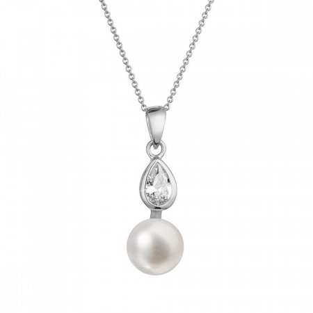 Zlatý 14 karátový náhrdelník biele zlato s bielou riečnou perlou a zirkónmi 82PZ00048