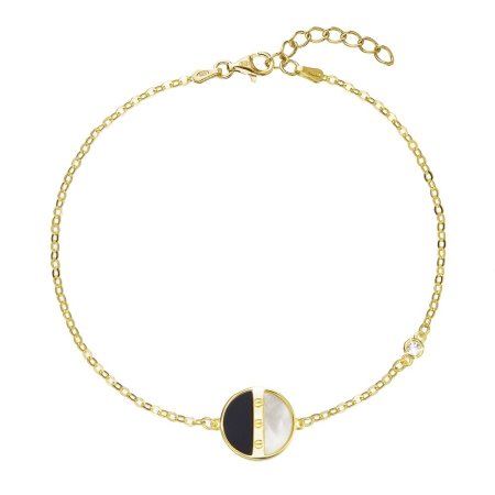 Pozlátený strieborný náramok retiazka s okrúhlym čiernoperleťovým príveskom 13026.1 Au plating