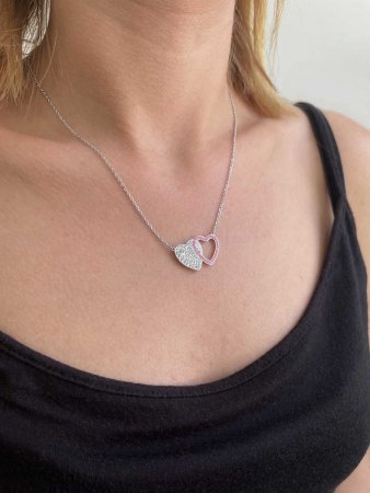 Stříbrný náhrdelník dvojité růžové srdce se Swarovski krystaly 32079.3 Light Rose