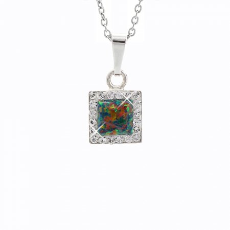 Strieborný náhrdelník so zeleno menivým opálom a kryštálmi Swarovski Elements štvorec Vitrail Medium Opal