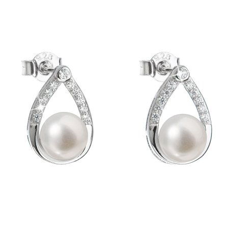 Stříbrné náušnice visací s bílou říční perlou 21033.1M