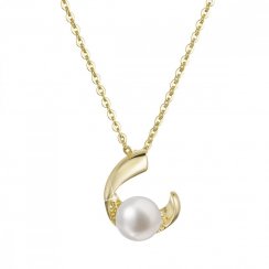 Pozlacený stříbrný náhrdelník s pravou říční perlou v půlkruhu se zirkony 22041.1 Au plating