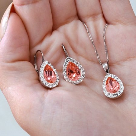 Strieborné náušnice visiace s kryštálmi Swarovski oranžová slza 31242.3 Rose Peach