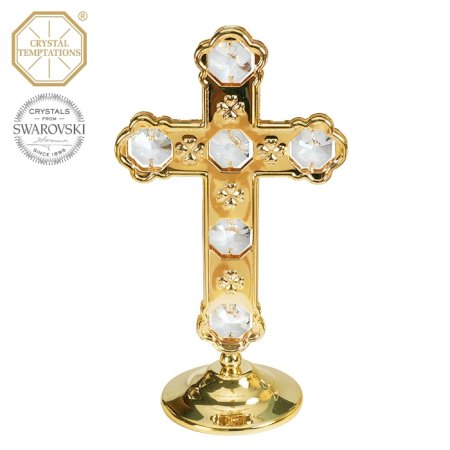 Kovová pozlátená figúrka Kríž s bielymi kryštálmi Swarovski Elements