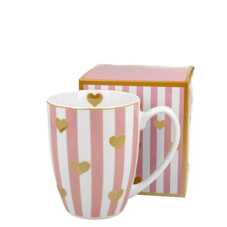 Porcelánový hrnček na čaj ružový zlaté srdce 380 ml