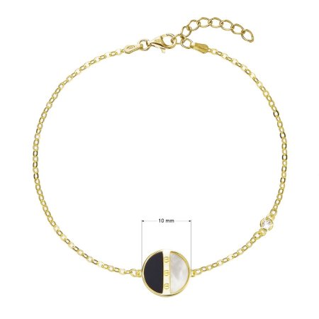 Pozlátený strieborný náramok retiazka s okrúhlym čiernoperleťovým príveskom 13026.1 Au plating