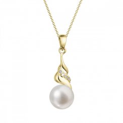 Zlatý 14 karátový náhrdelník s bílou říční perlou a brilianty 92PB00054