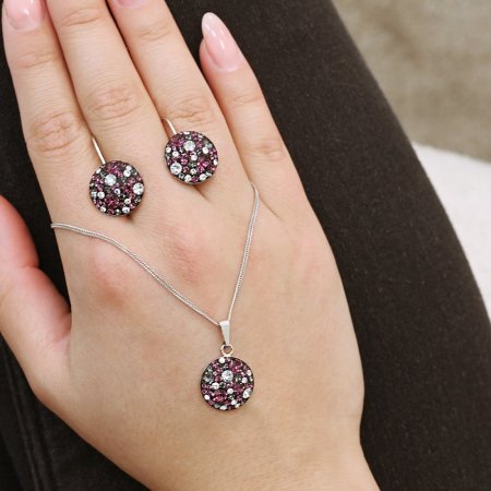 Stříbrné náušnice visací s krystaly Swarovski fialové kulaté 31176.3 Dark Amethyst