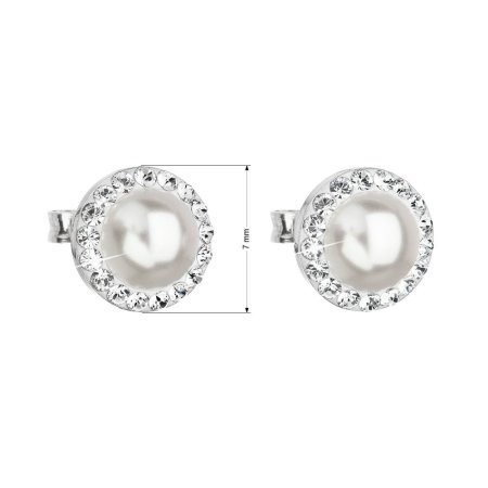 Strieborné náušnice pecka s kryštálmi Swarovski a bielou perlou okrúhle 31214.1 Biela 7 mm