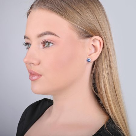Strieborné náušnice pecka s kryštálmi Swarovski a tmavo modrou matnou perlou okrúhle 31214.3 Dark Blue