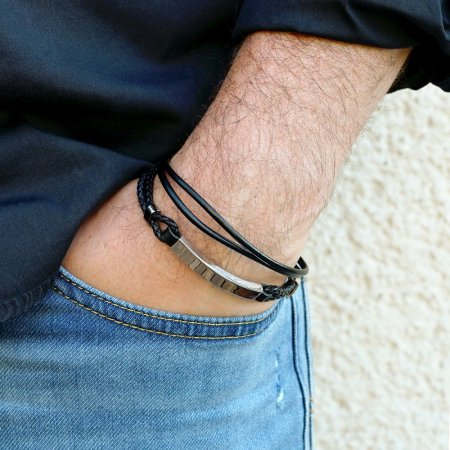 Náramek pánský černá recykl.kůže s ocelovou ozdobou 43029.3 černý