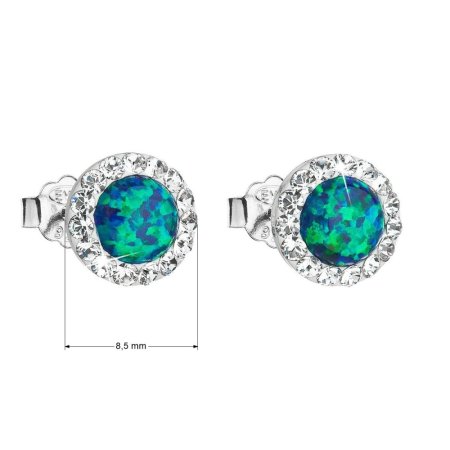 Strieborné náušnice kôstky so syntetickým opálom a krištáľmi Preciosa zelené okrúhle 31217.1 Green s. Opal