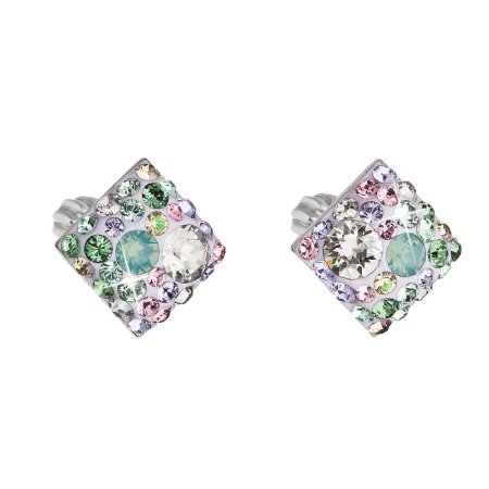 Strieborné náušnice pecka s kryštálmi Swarovski mix farieb kosoštvorec 31169.3 Sakura
