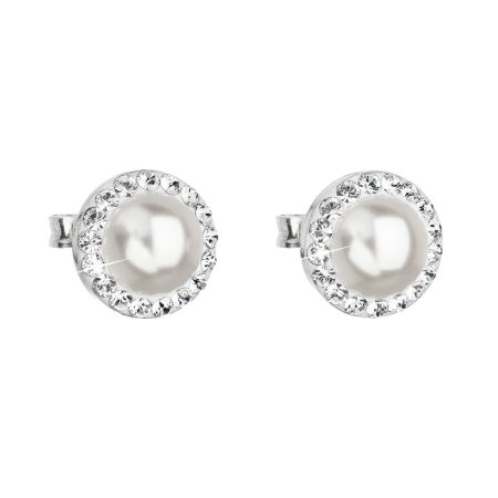 Strieborné náušnice pecka s kryštálmi Swarovski a bielou perlou okrúhle 31214.1 Biela 7 mm