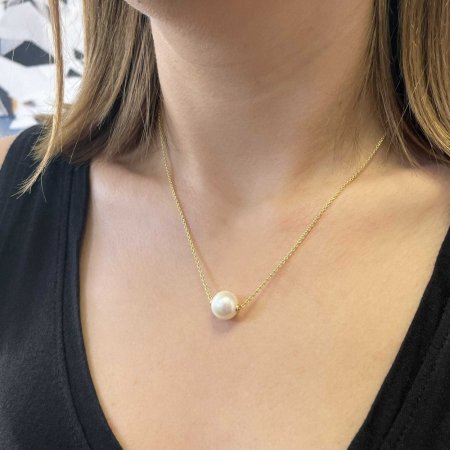 Pozlacený stříbrný náhrdelník s pevnou bílou říční perlou na řetízku 22047.1 Au plating